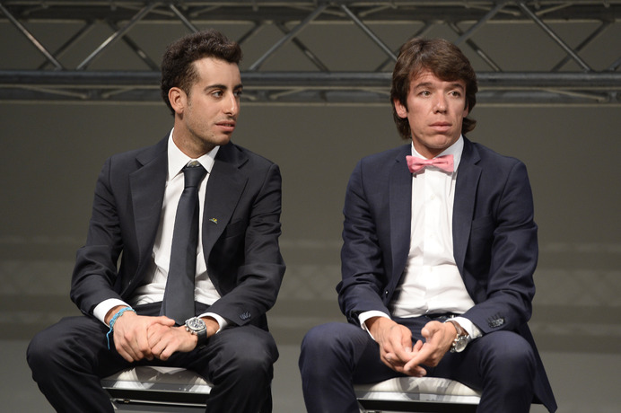 左からファビオ・アール（アスタナ）、リゴベルト・ウラン（オメガファルマ・クイックステップ）、2015年ジロ・デ・イタリア　コースプレゼンテーション