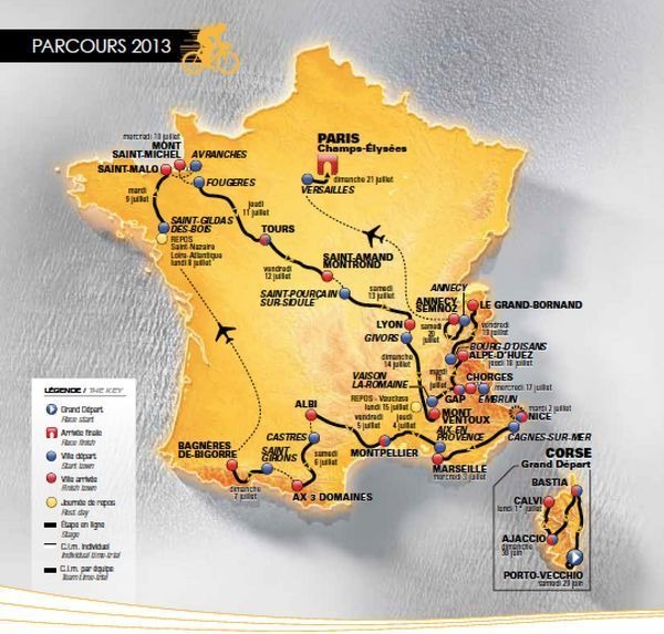 　6月29日に地中海のコルシカ島で開幕する第100回ツール・ド・フランスは、全21区間の最終的な距離を修正して発表した。コースとおおよその距離は2012年10月に発表されていたが、実際のコースを再計測し、毎年のこの時期に最終的なものを発表する。
