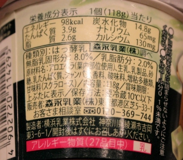 「森永アロエヨーグルト シャンパンカクテルテイスト」の栄養成分表示など