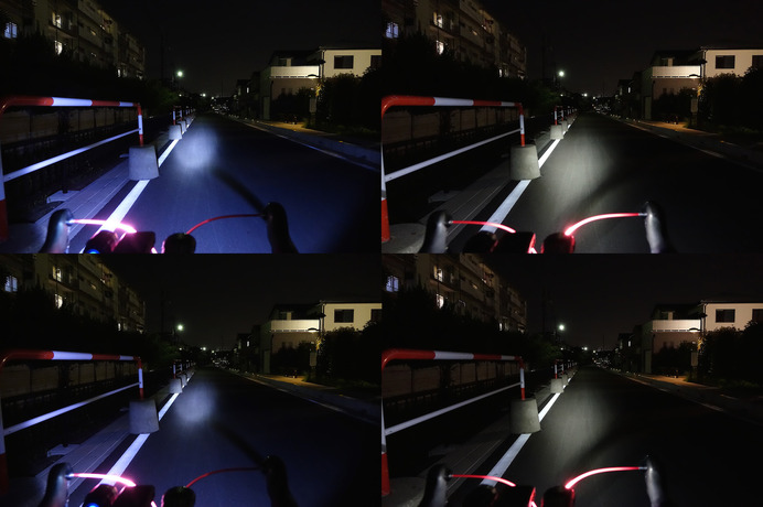 実際に路面を照らした状態で比較。左上が今回購入したライト（ハイ）、左下が同（ロー）、右上がナノショット（ハイ）、右下が同（ロー）で、配光、そして色味の違いがよくわかる