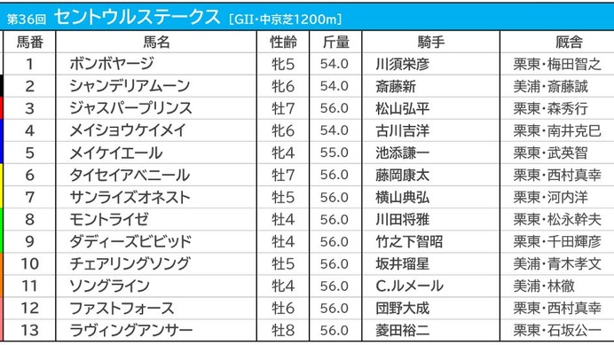 【セントウルS／枠順】メイケイエールは条件合致で数値上昇の好枠に　ソングラインは7枠11番
