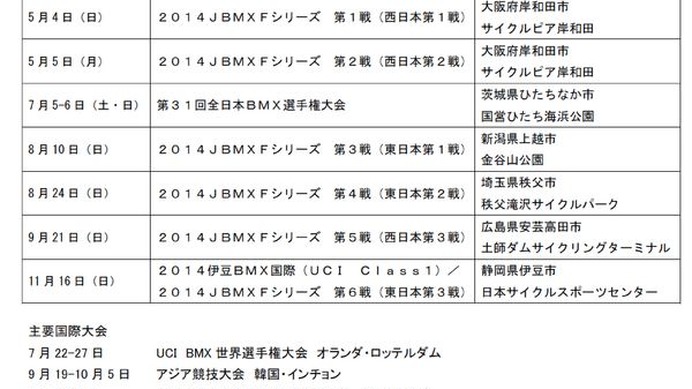 　全日本BMX連盟は2014年に開催する大会スケジュールを決定した。JBMXFシリーズは全6戦の開催。第31回全日本BMX選手権大会は茨城県ひたちなか市で行われる。