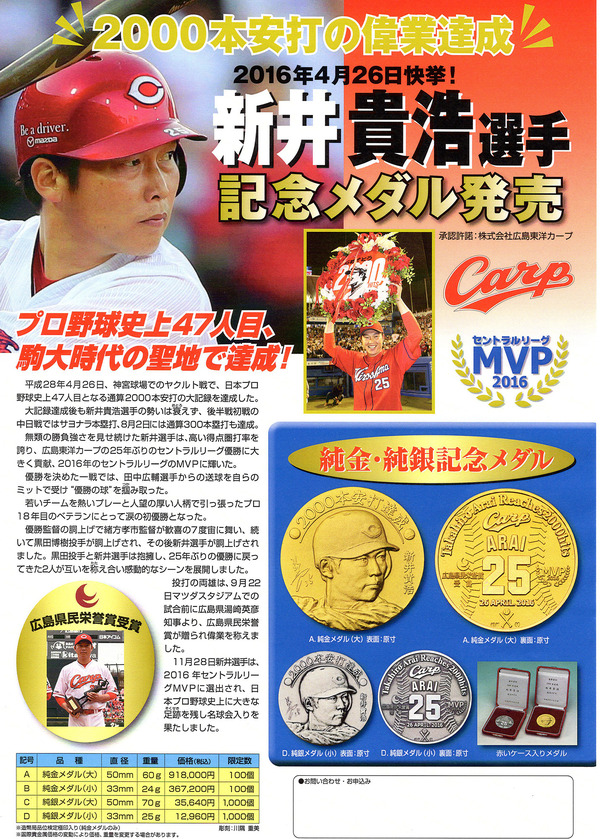 カープ新井貴浩2000安打記念メダル カープ新井貴浩2000安打記念メダル