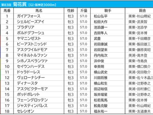 【菊花賞／前日オッズ】ガイアフォースが単勝3.6倍で1人気　馬連は2人気以下が10倍以上の“2強”状態 画像