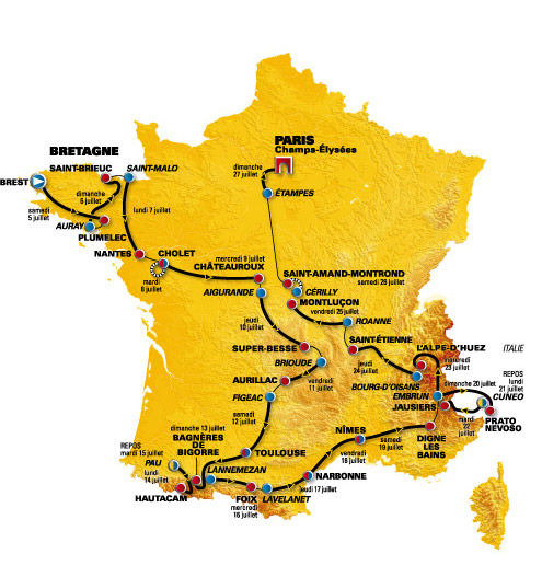 　7月5日に開幕する第95回ツール・ド・フランスの第15ステージの一部がコース変更し、スタート地点がディーニュレバンからアンブリュンになったことで、大会の公式マップが変更された。また大会中盤の各ステージ距離も見直された。
　第15ステージはディーニュレバンを