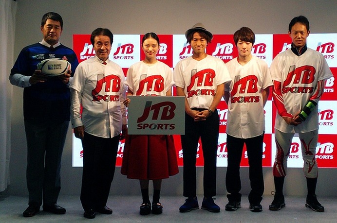 JTB新ブランド「JTBスポーツ」のイメージキャラクターに就任した武井咲、高田延彦、ナオト・インティライミ、JTBスポーツに所属する松平健太選手（卓球）、小池岳太選手（パラリンピックアルペンスキー）ら