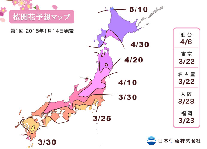 日本気象が桜の開花予想を発表