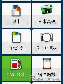 カーナビとして使うことができ、このようにジャンルによる目的地検索も可能。ソフトウエアの制限で画面が小さかったり音声案内がなかったりするが、ソフトウエアは本格的なカーナビと同等だ。