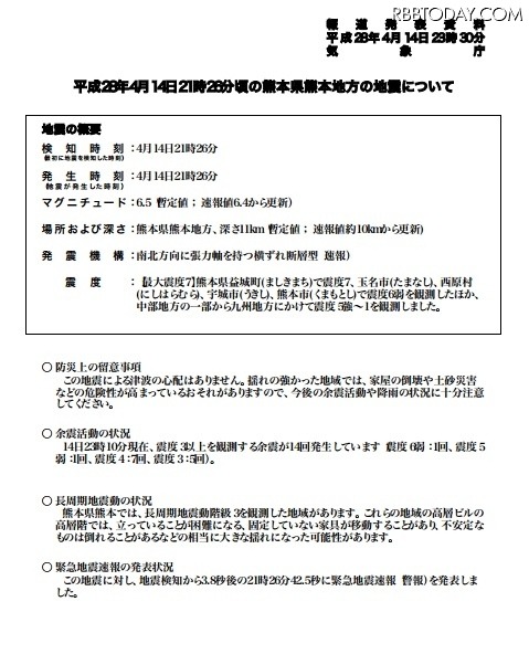 気象庁が発表した今回の熊本県熊本地方における地震に関する報道資料（画像は気象庁プレスリリースより）