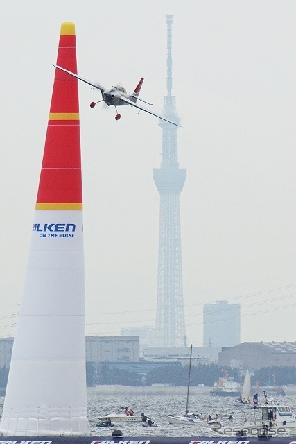 スカイツリーをバックに飛ぶ室屋機。