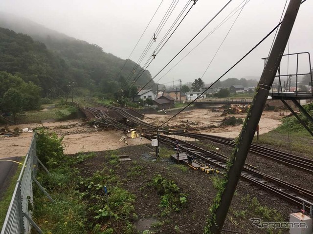 新得駅構内・下新得川橋梁の被害状況。