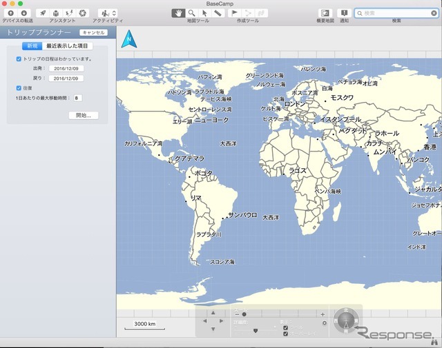 GPSデバイスを接続するとデバイス内蔵の地図ソフトが使えるようになる。世界地図もカナ表記に