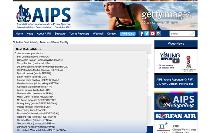 AIPS・国際スポーツプレス協会のアスリートオブザイヤーにノミネートされた男子選手のリスト
