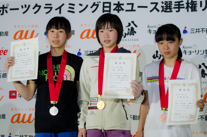 スポーツクライミング日本ユース選手権リード競技大会2017が開催。女子ユースB表彰台（2017年4月16日）