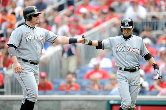 マーリンズで同僚だったイチローとジャスティン・ボーア【写真：Getty Images】