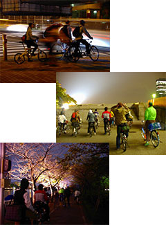 自転車乗りとランナーが集まり、夜の水辺を散策する（画像＝一般社団法人水都大阪パートナーズ）