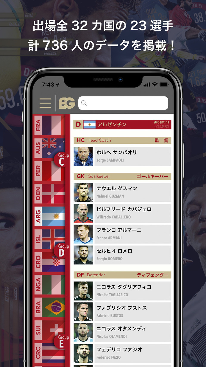 W杯出場32カ国の選手データを掲載したアプリ「EG名鑑 2018 Russia」が登場