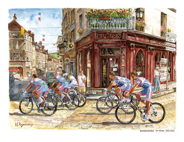 　ツール・ド・フランスをMTBで追いかけるイラストレーター、小河原政男の個展「ツール・ド・フランスの絵画展」が10月1日から23日まで長野県のモンベル・諏訪店で開催される。同展はおよそ1年かけて全国8店舗のモンベルサロンで開催。2007年に初の個展を開催したが、今