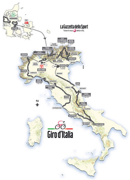 　ジロ・デ・イタリアは2010年のオランダ開幕に続いて海外で開幕。北欧ユトランド半島のデンマークをスタートする。同地で3日間走り、移動日を経て大会5日目にイタリアのベローナへ。中盤は平たん路と中規模の山岳区間を体験する。
　勝負どころは終盤のイタリアアルプ