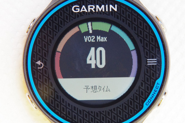 走り終わったあとに表示されるVO2maxの数値。外周のグリーンに指針があるのは「良い」を意味する。