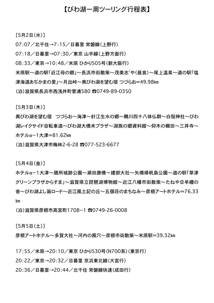 行き帰りの鉄道の便や宿泊先、サイクリングの経路を記した行程表