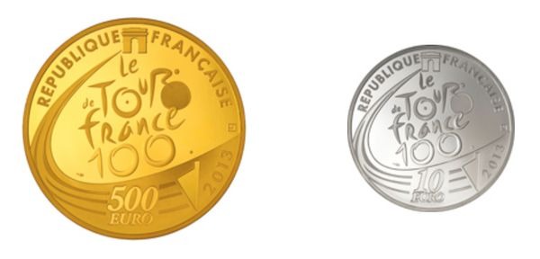 　ツール・ド・フランス100回記念大会を祝し、フランス国立造幣局から精巧なデザインのコインが発行された。各金貨表面には自転車に乗った二人の選手が描かれている。左側の選手は1903年大会の勝者を、もう一人は現代のレース走者を表し、二人の自転車がタイヤ一つを共