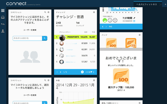 オンラインで他のユーザーと運動量を競ったり、目標達成するとホメてくれたりする