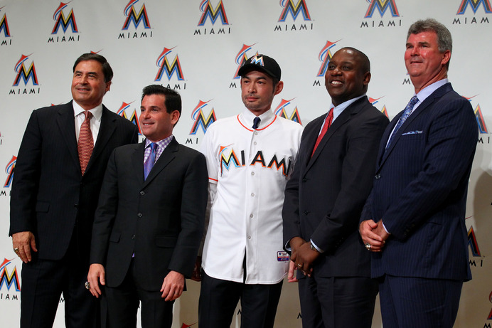 イチロー、マイアミマーリンズ入団記者会見（2015年1月29日）（c）Getty Images