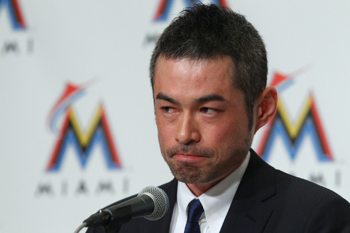 イチロー、マイアミマーリンズ入団記者会見（2015年1月29日）（c）Getty Images