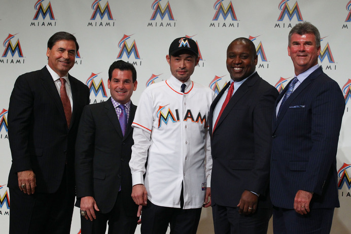 イチロー、マイアミマーリンズ入団記者会見（2015年1月29日）（c）Getty Images