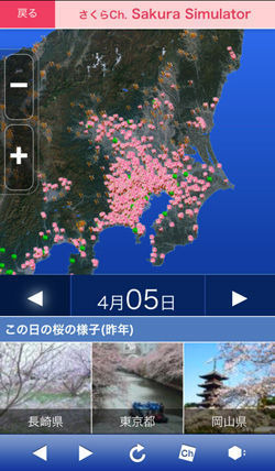 全国から寄せられる桜の観察リポートをもとにした最新の開花情報を日本上空から映し出し、過去・現在・未来まで詳細に見ることができる「さくらシミュレーター」をウェザーニューズが開始した。