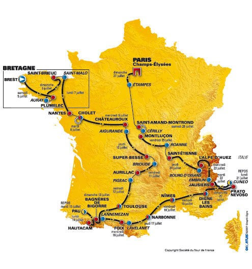 　08年7月5日に開幕する第95回ツール・ド・フランスのコースが発表された。ルートは07年と逆の左回りで、前半にピレネー山脈、後半にアルプス山脈が待ち構える。休日2日を含む23日間の総距離は約3,500km。勝負どころとなる山岳ステージは6区間。最大の難所はアルプスの
