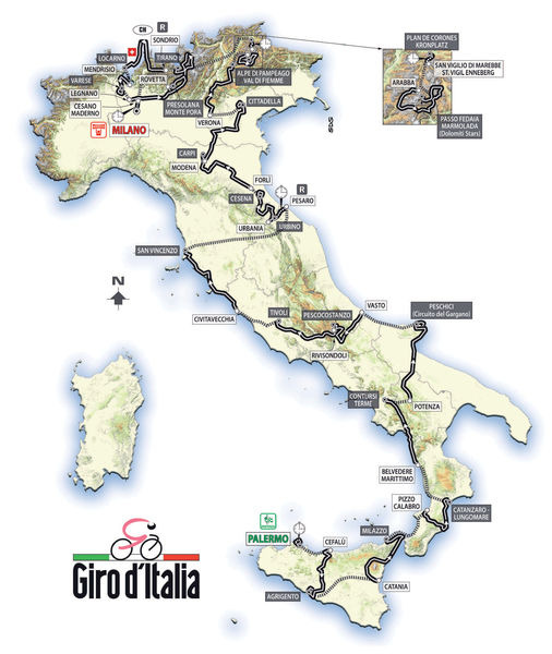 　ツール・ド・フランスとともに二大大会といわれるジロ・デ・イタリアの08年のコースが発表された。91回目の開催となるレースは08年5月10日にシチリア島のパレルモで開幕。3つの個人タイムトライアル、北イタリアのドロミテ山塊での山岳ステージなどを行い、6月1日にミ