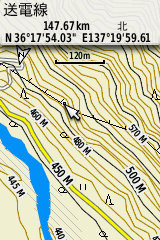 山岳地では10メートル単位の等高線が表示される。セット販売される日本登山地形図（TOPO10MPlusV3）では、このように送電線も表示されるようになった。