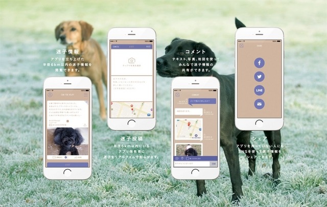 アプリは、ユーザー間での迷子犬情報の共有、迷子犬を捜索求める投稿、発見コメント、SNSへのシェアなどの機能を備える（画像はプレスリリースより）