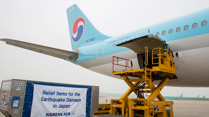 大韓航空、熊本に救援物資を輸送