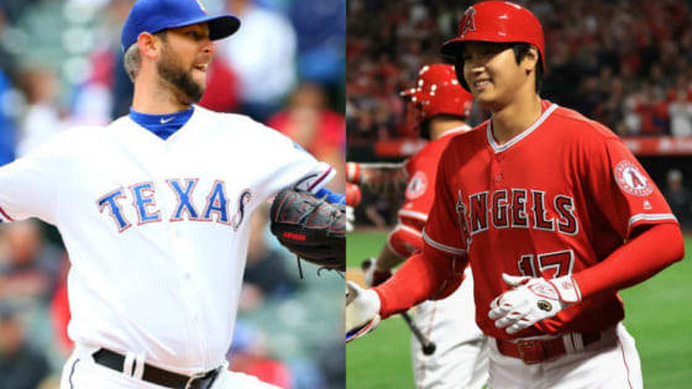 レンジャーズのクリス・マーティン（左）とエンゼルス・大谷翔平【写真：Getty Images】