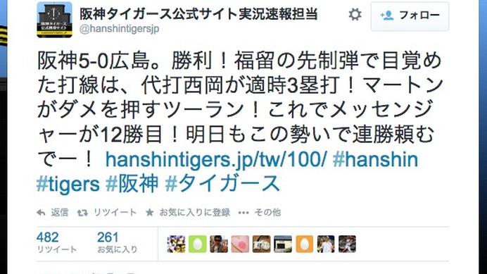 Twitterで広島戦勝利を喜ぶ阪神サイド
