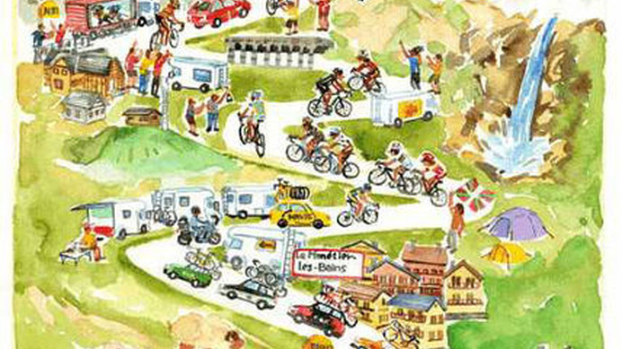　ツール・ド・フランスを自転車で追いかけて16年になるイラストレーター・小河原政男が色彩豊かなタッチで描く風景画に最新作として「ガリビエ」が追加された。2011年最大の難関となったガリビエ峠のゴールを描いた作品。マイヨジョーヌを狙ってA・シュレックが中盤か