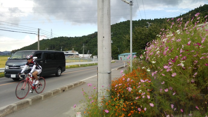 9月半ばだったけど、沿道にはコスモスなど秋の花が咲き始めていた