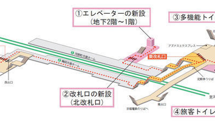 阪急電鉄では、今般、京都線・大宮駅において実施してきたバリアフリー化工事が完成し、地上と上りホーム（河原町方面行き）をつなぐエレベーターと上り線改札口の供用を3月21日（金・祝）より開始する。