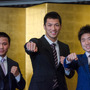 世界タイトルマッチに挑戦する比嘉大吾(左)、村田諒太(中央)、拳四朗(2017年4月3日)