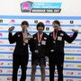 スポーツクライミング世界ユース選手権女子リード（ユースB）で森秋彩（中央）が優勝、2位に谷井菜月（左）、3位に伊藤ふたば（2017年9月7日）