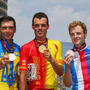 ヨーロッパ競技大会ロードレース男子、LLサンチェスが優勝（中央）、2位グリブコ（左）、3位バコッチ