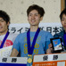 スポーツクライミング日本選手権リード競技大会2017、男子優勝の中野稔（中央）、2位の楢崎智亜（左）、3位の波田悠貴（2017年3月5日）