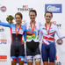 UCI2014-15トラックワールドカップ第2戦イギリス・ロンドン大会女子ポイントレース、エイミー・キュア（オーストラリア）が金メダル、ジャスミン・グレイサー（カナダ）が銀メダル、エリナ・バーカー（イギリス）が銅メダル（c）Getty Images